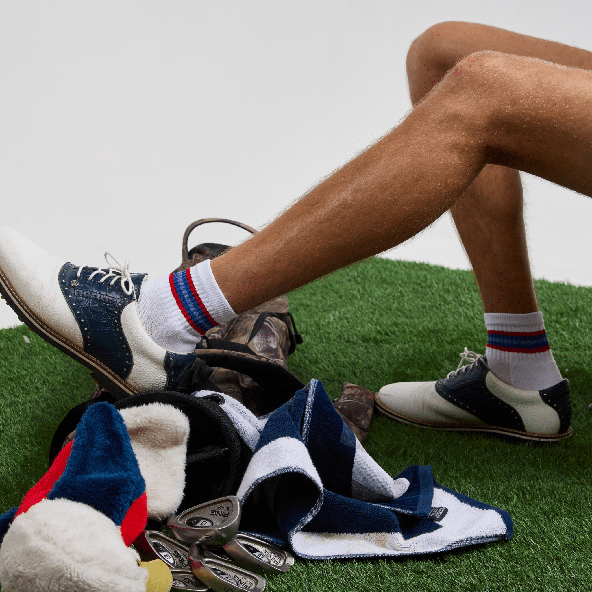 Del Campo Red/Blue 5 Stripe golf socks, lifestyle shot