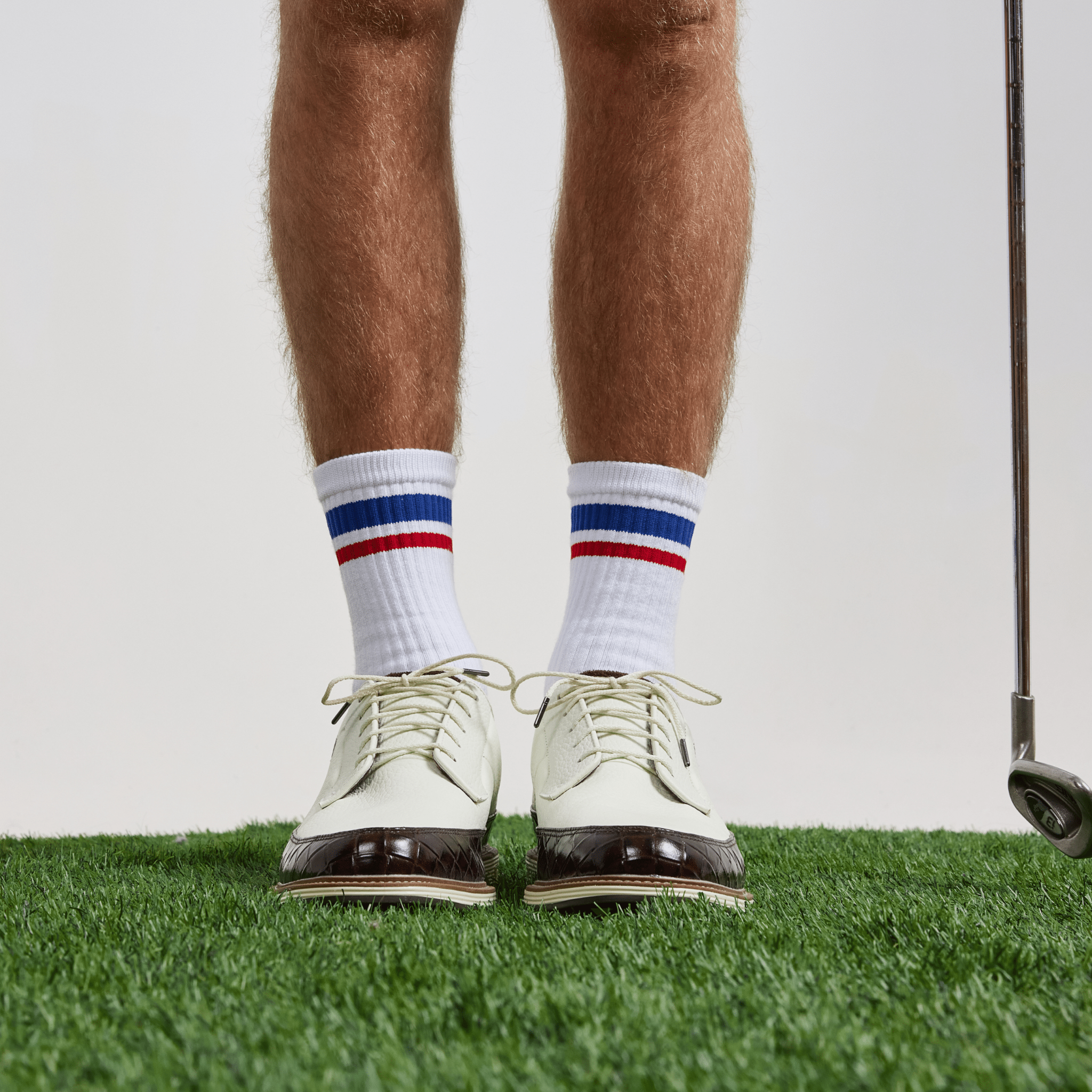 Del Campo Blue/Red Crew Stripe golf socks, lifestyle shot