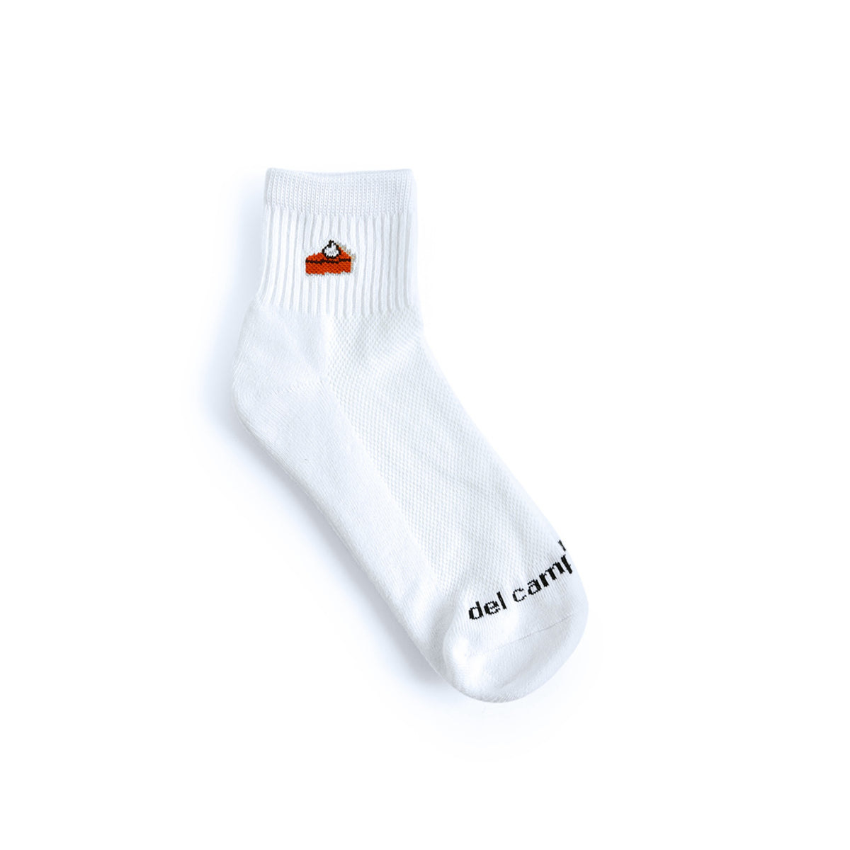 Del Campo Pumpkin Pie Thanksgiving golf socks, white quarter socks with a knit slice of pumpkin pie, single sock, flat lay on white