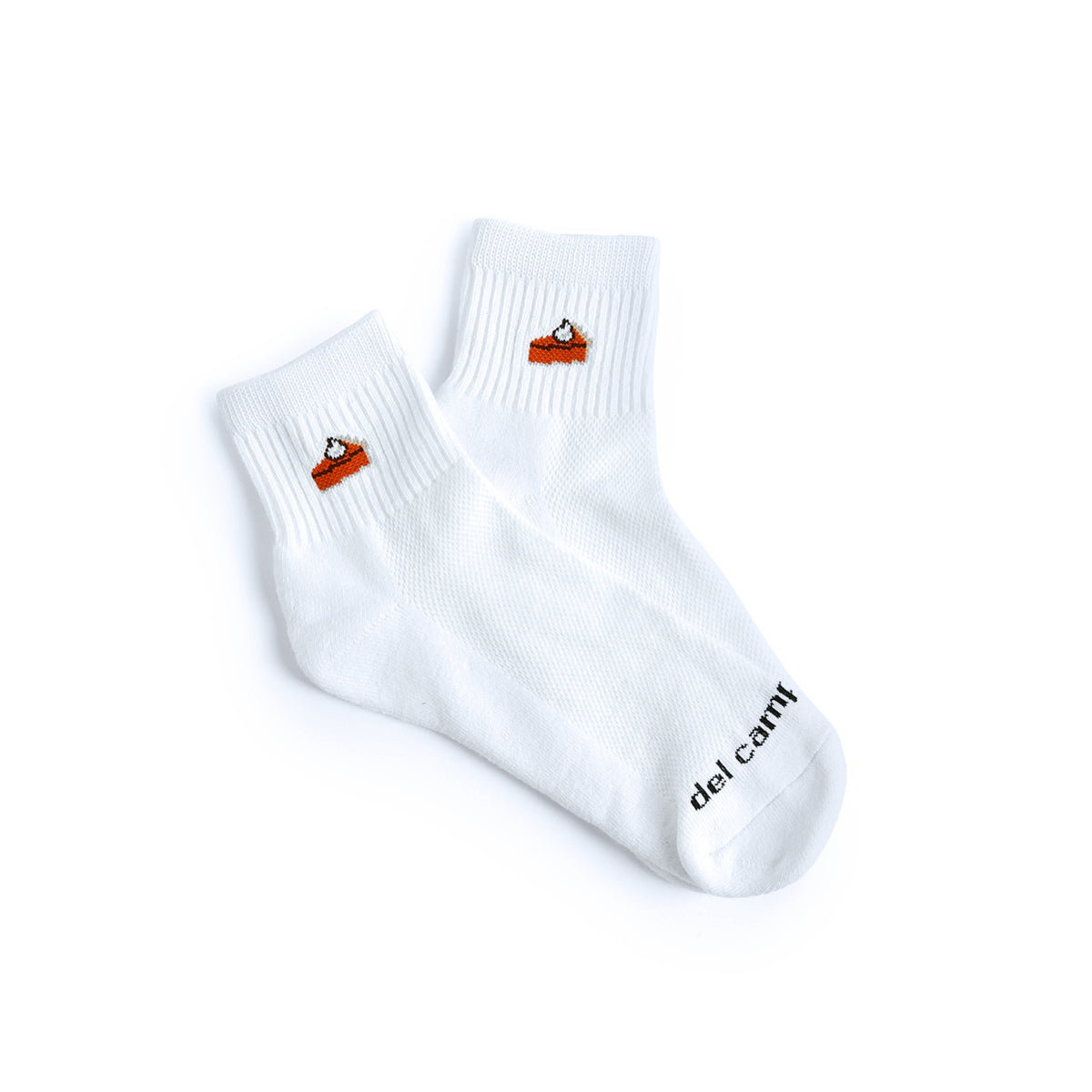 Del Campo Pumpkin Pie Thanksgiving golf socks, white quarter socks with a knit slice of pumpkin pie, pair, flat lay on white