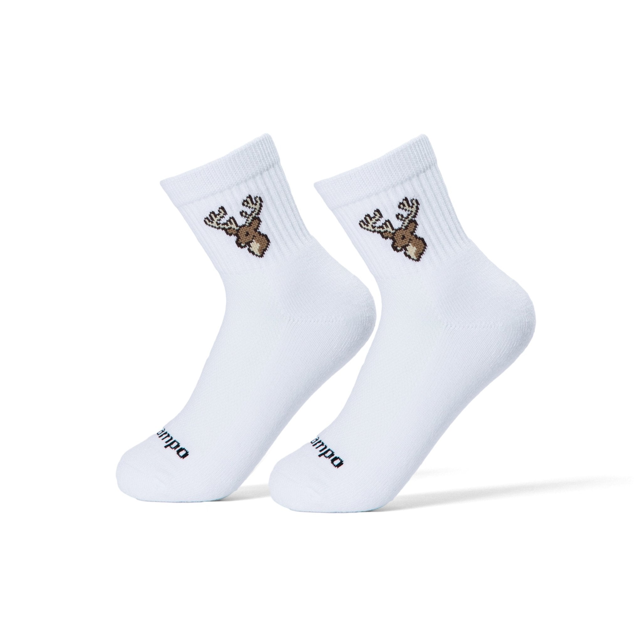 Pair of Del Campo Whitetail Deer socks with embroidered buck logo on white