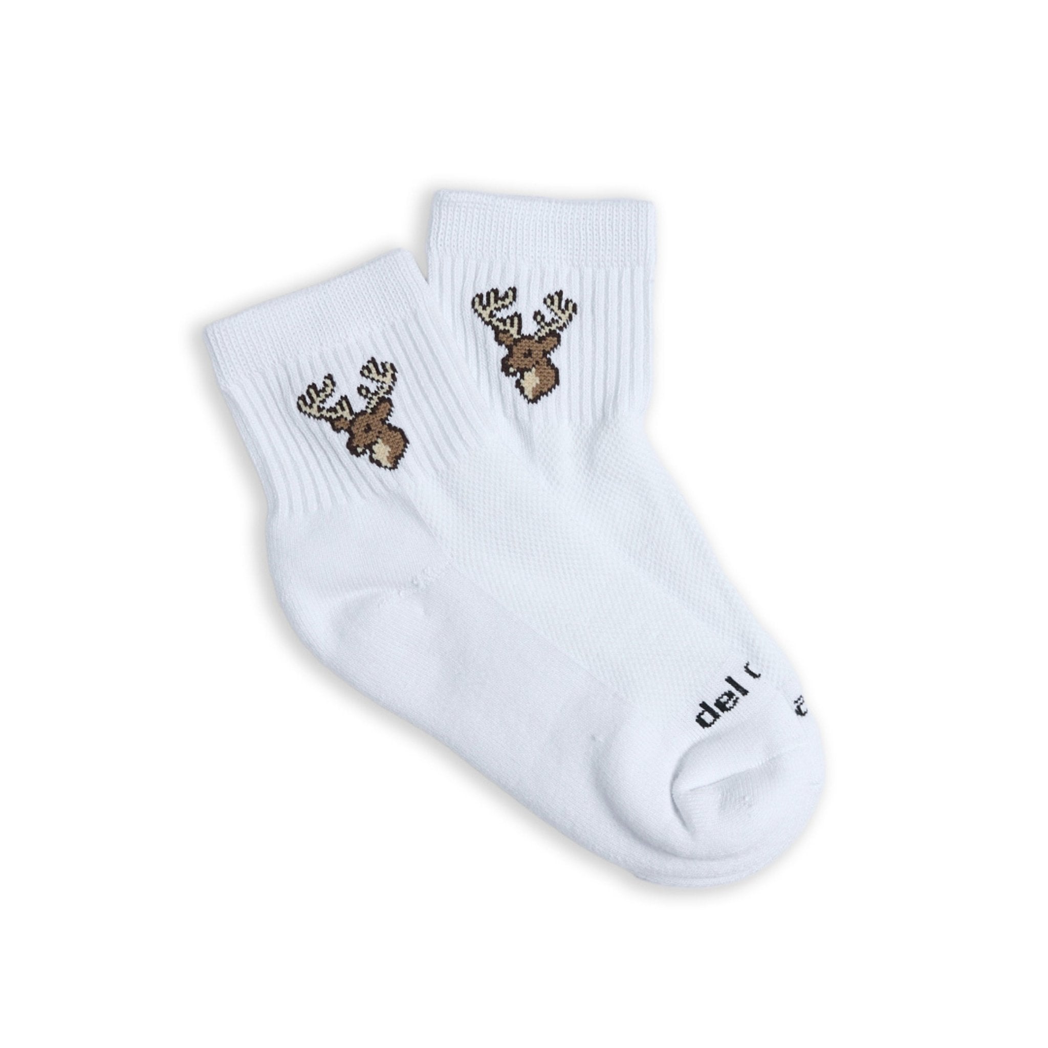 Pair of Del Campo Kids Whitetail Deer socks with buck logo, flat lay on white