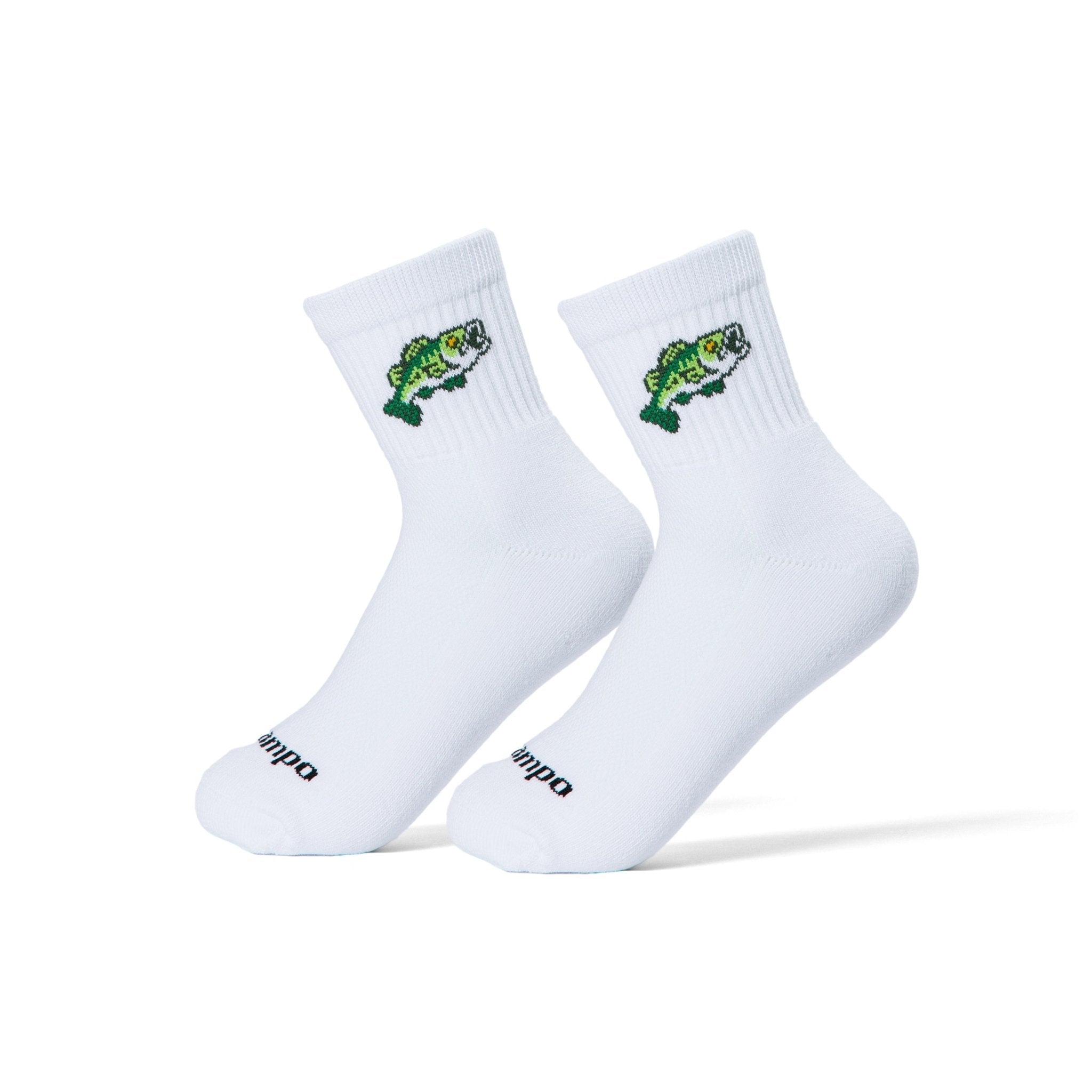 Pair of Del Campo Largemouth Bass socks, front view, green embroidered bass logo on white
