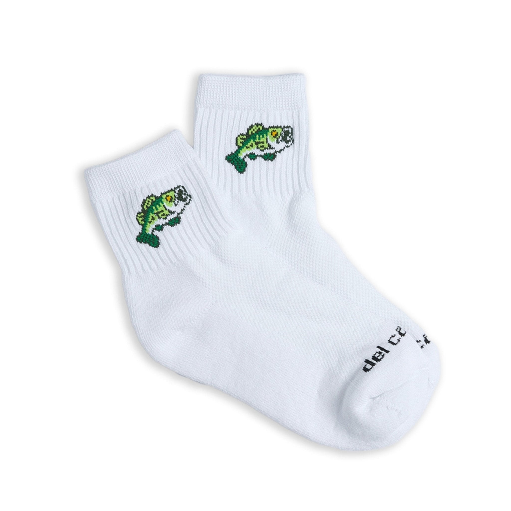 Pair of Del Campo Largemouth Bass socks with green embroidered bass logo on white