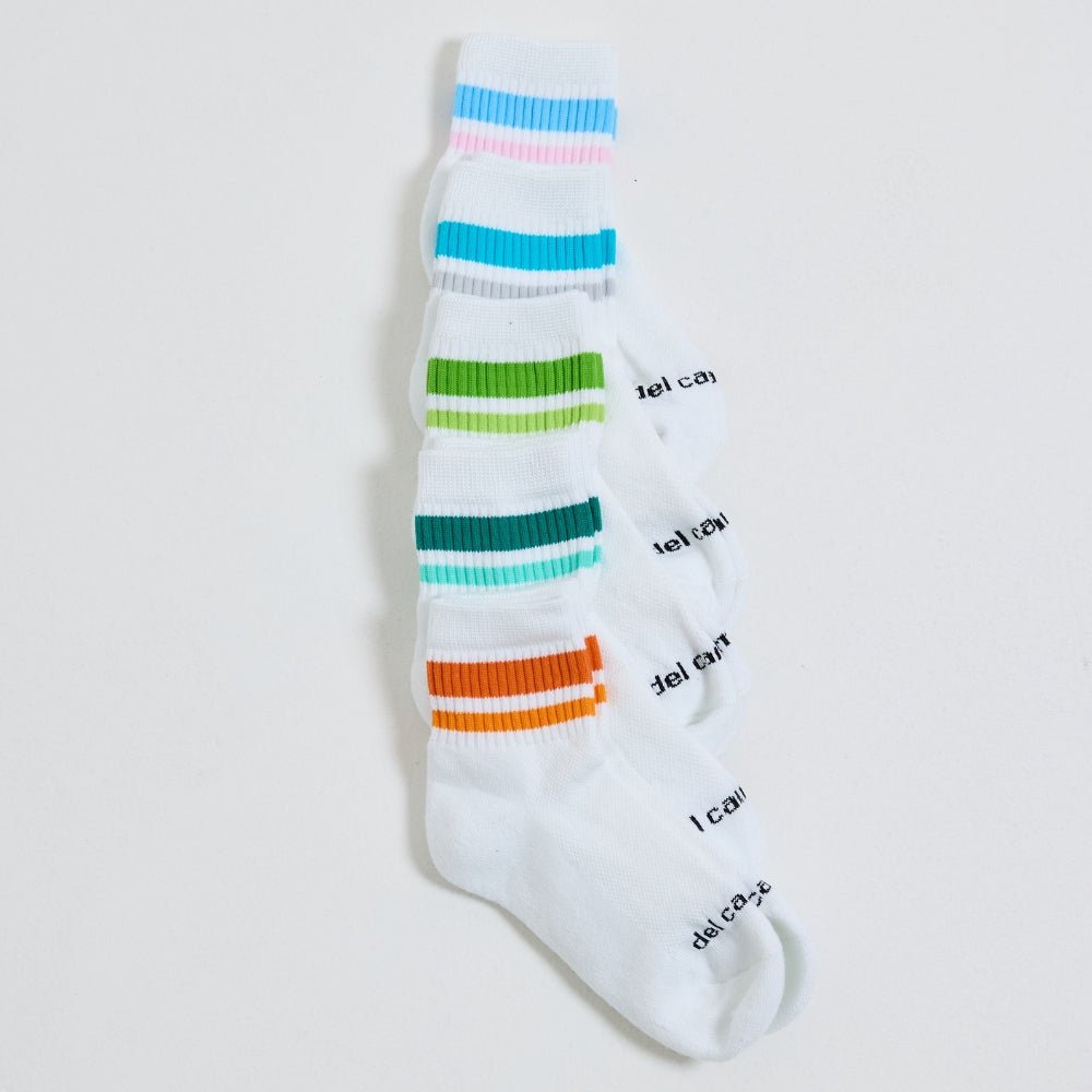 Del Campo Spring Stripe Pack golf socks featuring spring stripe designs: cotton candy, lime green, light orange, and blue/grey