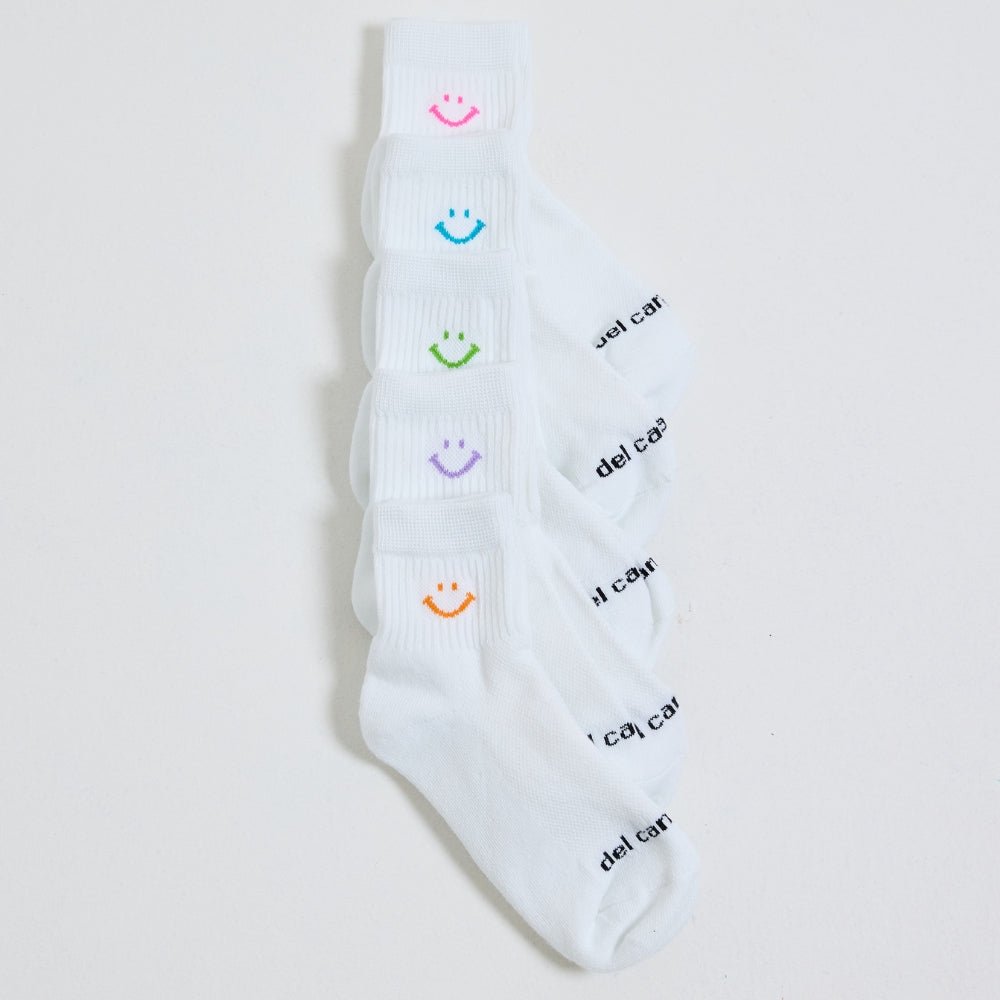 Del Campo Spring Smiley Pack golf socks featuring spring smiley designs: scuba blue, bright pink, lilac, light orange, and lime green