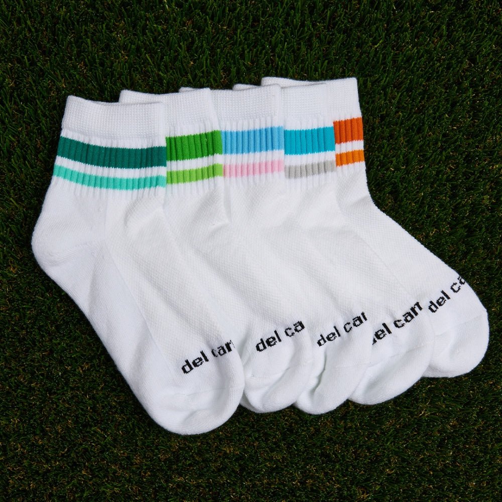 Del Campo Spring Stripe Pack golf socks featuring spring stripe designs: cotton candy, lime green, light orange, and blue/grey