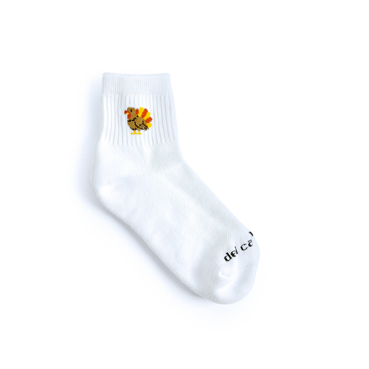 Del Campo Turkey Boys Thanksgiving golf socks, white quarter socks with a knit turkey, single sock, flat lay on white