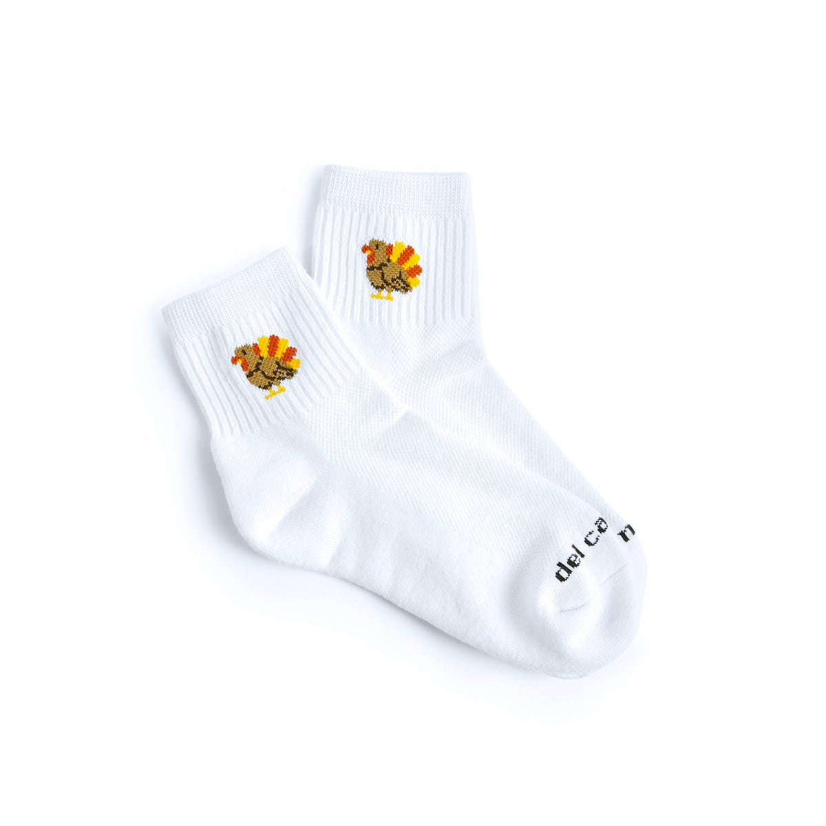 Del Campo Turkey Boys Thanksgiving golf socks, white quarter socks with a knit turkey, pair, flat lay on white
