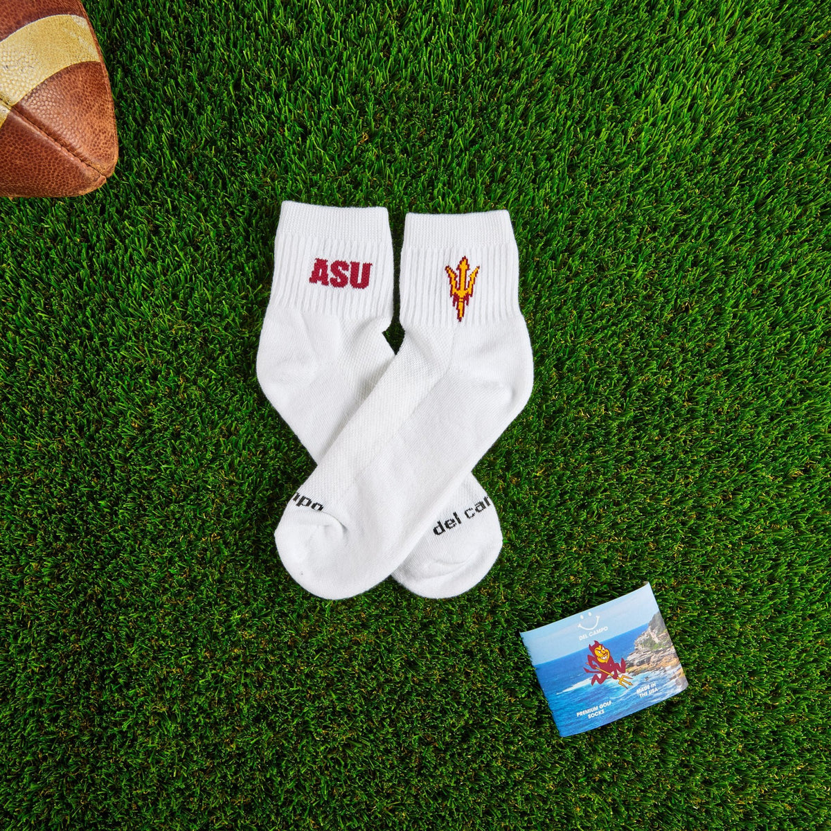 Del Campo Arizona State Sun Devils golf socks on turf with a team pennant