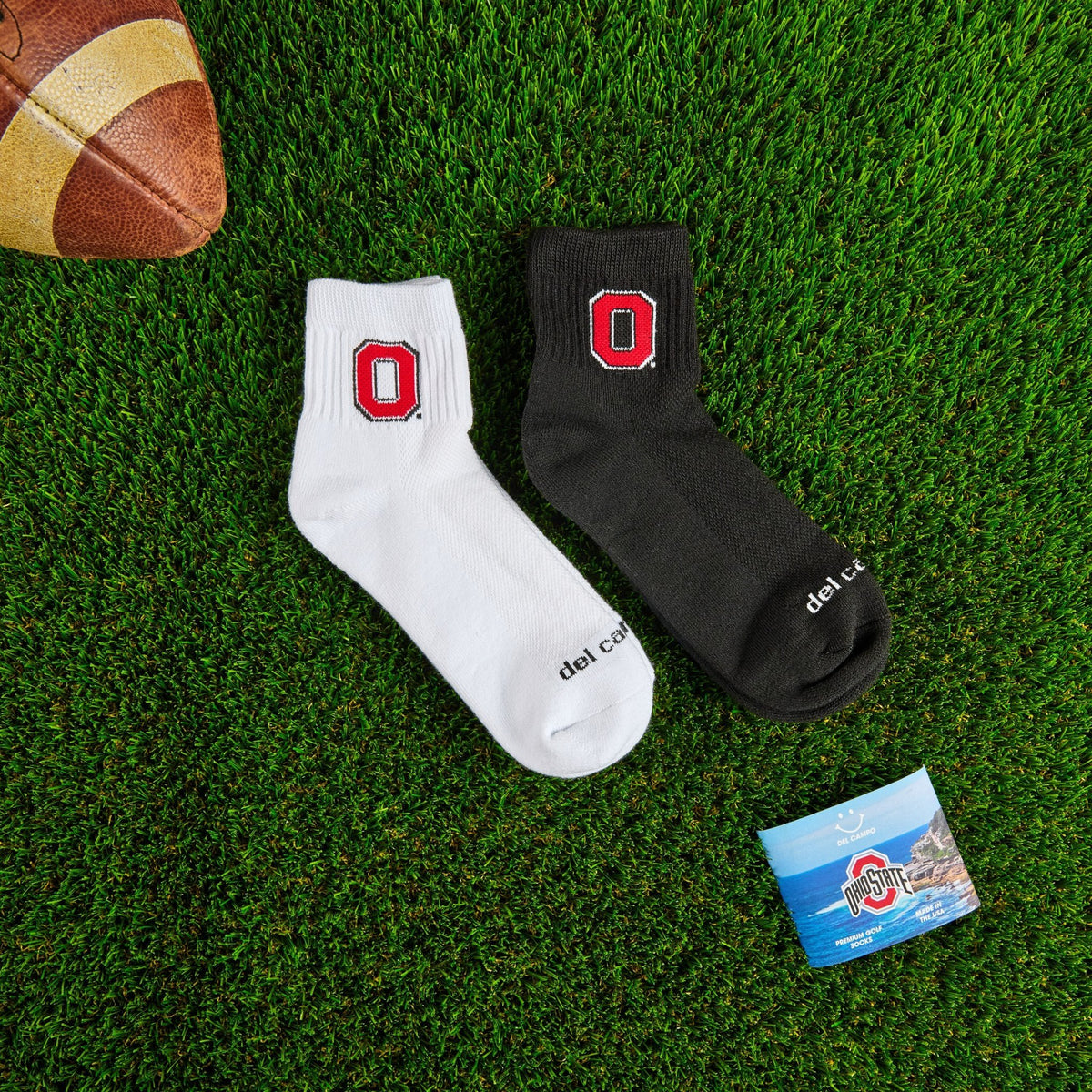 Del Campo Ohio State Pack golf socks on turf with a team pennant
