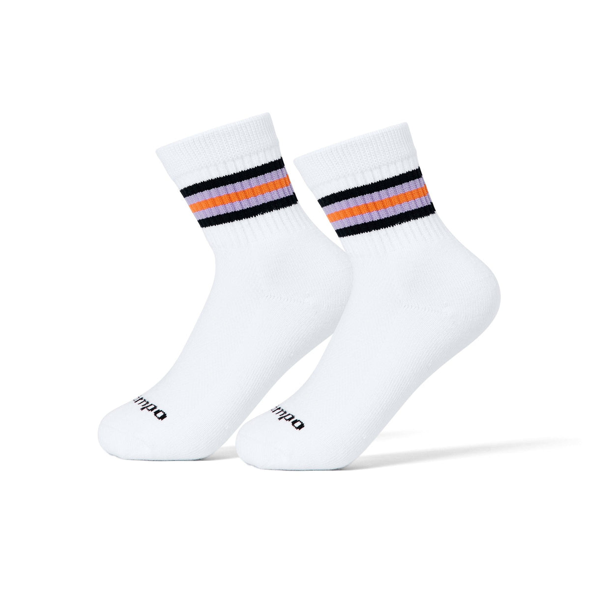 Del Campo Halloween 5 Stripe golf socks, white quarter socks with five black, lavender and orange stripes, pair on sock forms