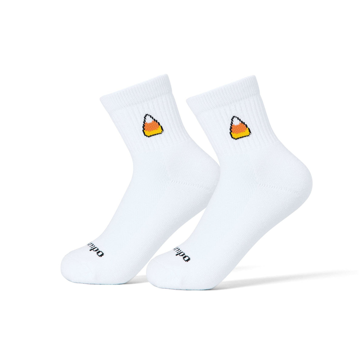 Del Campo Candy Corn Halloween golf socks, white quarter socks with a knit candy corn on the cuff, pair on sock forms
