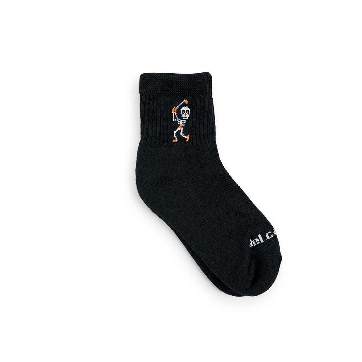 Del Campo Swingin' Skelly Halloween golf socks, black quarter socks with a skeleton golfer mid-swing in white and orange, single sock, flat lay on white