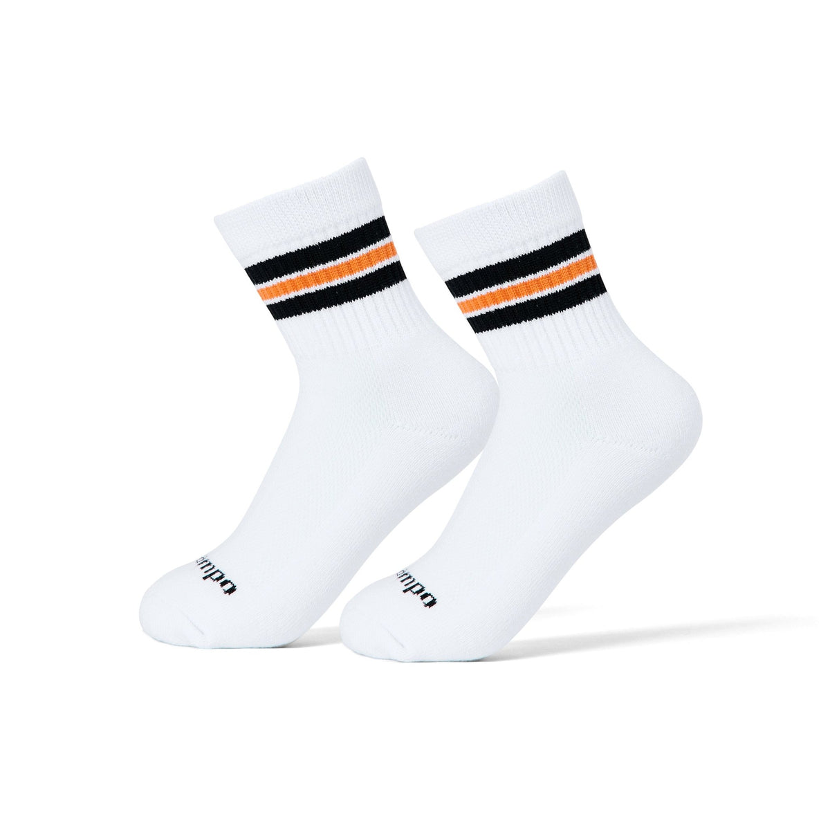 Del Campo Halloween 3 Stripe golf socks, white quarter socks with black, orange and black stripes, pair on sock forms