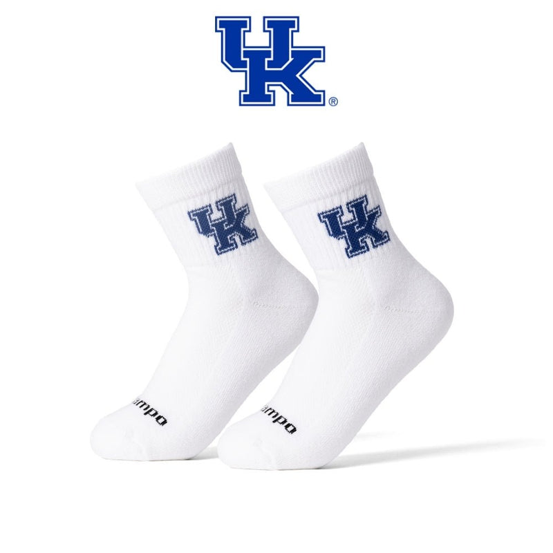 Pair of white Kentucky Wildcats golf socks with blue UK logo on ribbed cuff. | product, college