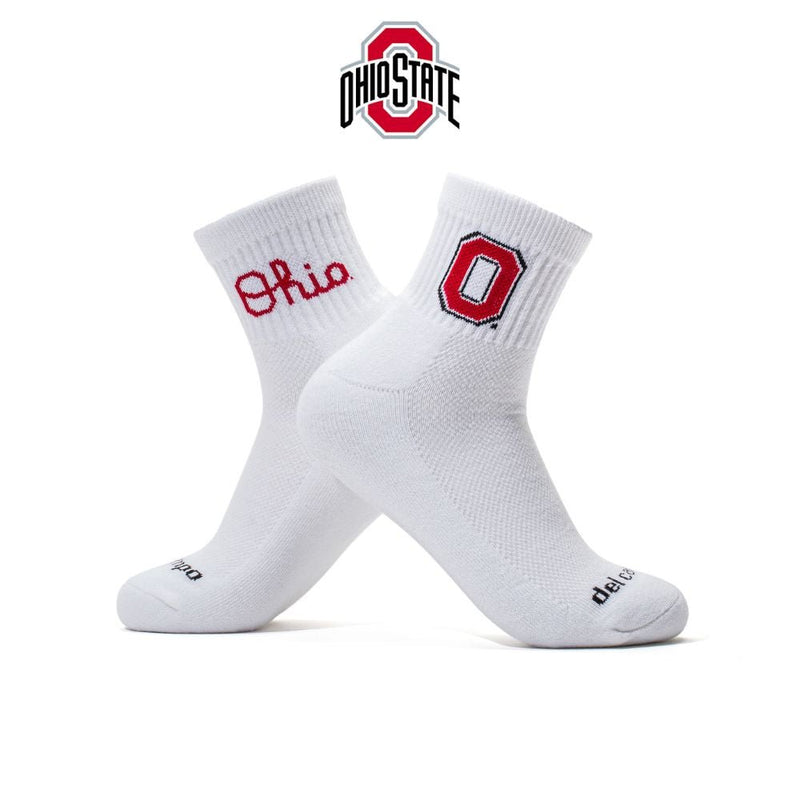 White Ohio State Buckeyes golf socks with red and navy logo embroidery on white background. | product, men, college