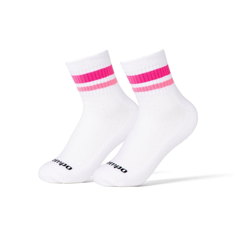 Del Campo Golf white crew socks with pink and light pink stripes. | product