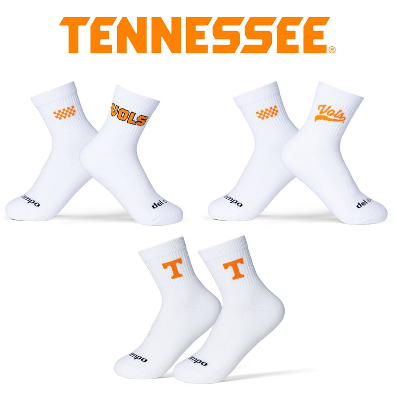 Three pairs of white Tennessee Volunteers crew socks with orange logos and Del Campo branding. | product, college