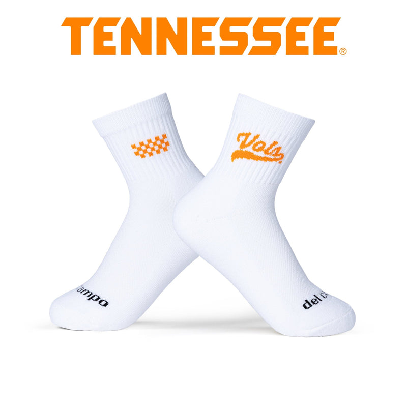 White crew socks with orange Tennessee Volunteers script and logo design | product, college