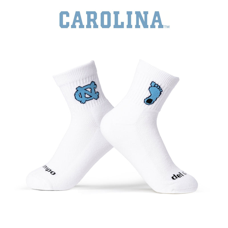 North Carolina Tar Heels white crew socks with blue logo and footprint design. | product, college