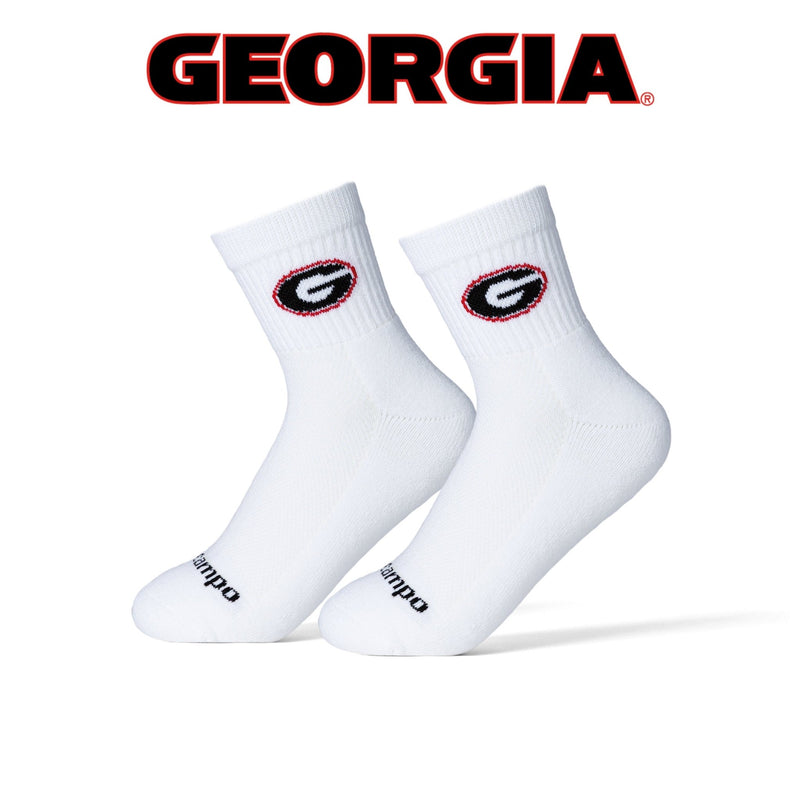 Georgia Bulldogs white crew socks with red and black logo on plain background | product, college