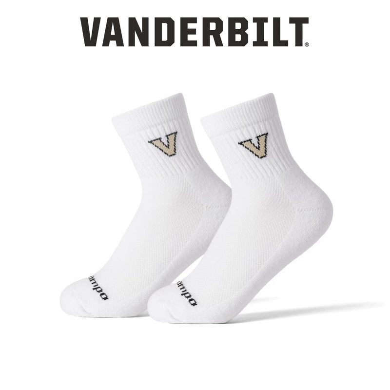 Pair of white Vanderbilt Commodores crew socks with V logo on plain background. | product, college