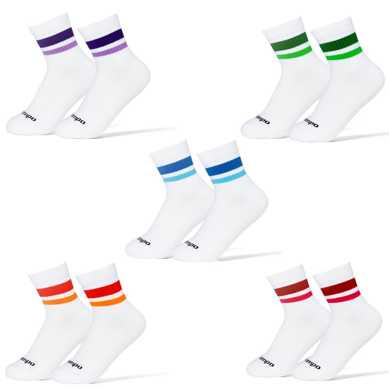 Del Campo Golf Stripe Pack featuring five pairs of white crew socks with colored stripes in purple, green, blue, red-orange, and burgundy-pink. | product