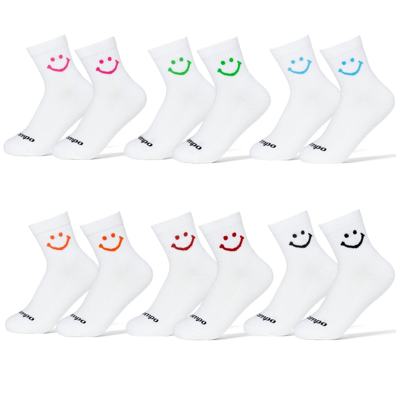 Smiley Pack: six pairs of white Del Campo Golf socks with colorful smiley face designs in pink, green, blue, orange, red, and black. | product