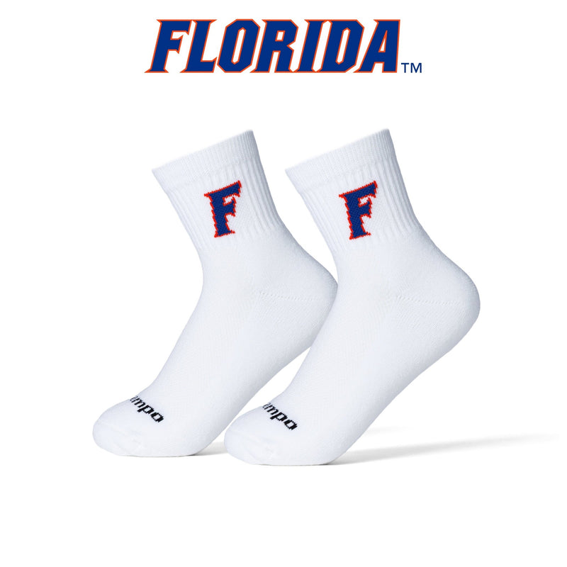Florida Gators Block F white crew socks with blue and red embroidered logo. | product, college