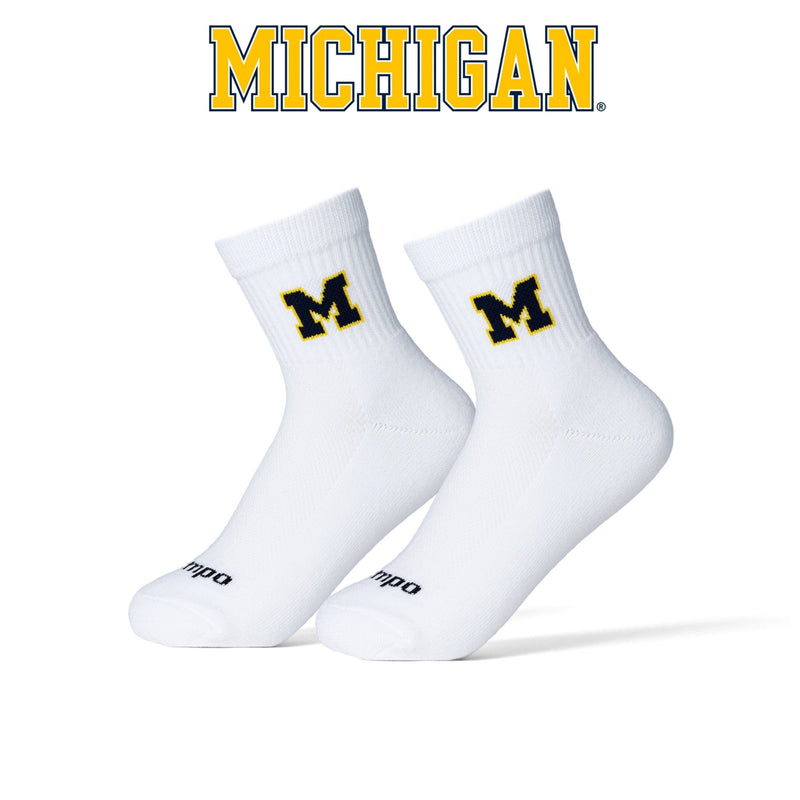 Pair of white Michigan Wolverines socks with navy and gold M logo. | product, college