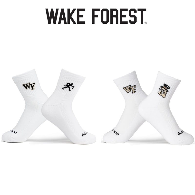 Wake Forest white crew socks with WF logo and Demon Deacons mascot designs | product, college