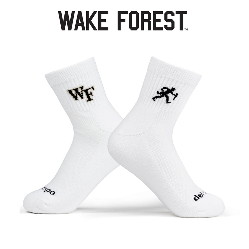 Wake Forest Demon Deacons white crew socks with WF logo and mascot design | product, college