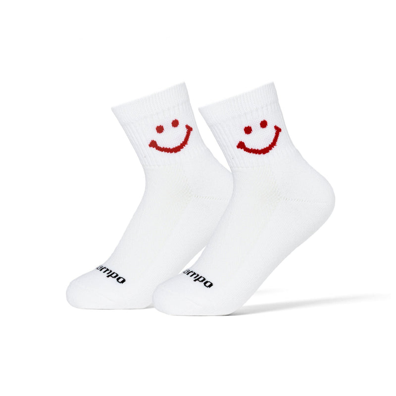 Red Smiley white crew socks with red smiling face design and Del Campo branding | product