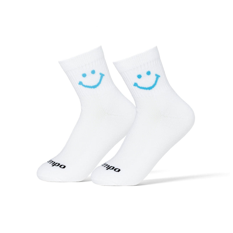 Del Campo Golf Blue Smiley white crew socks with blue smiley face design. | product