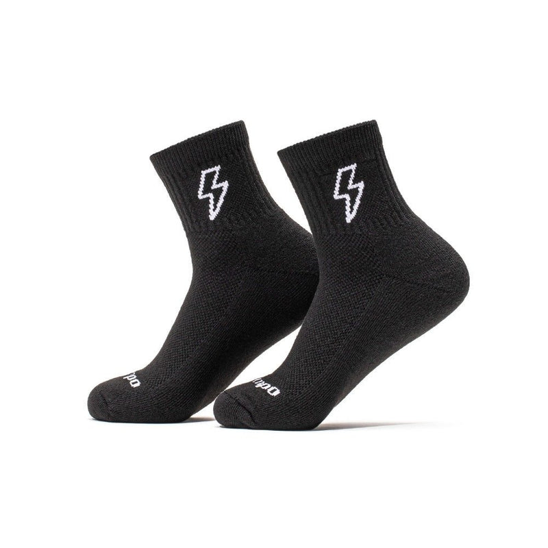 Del Campo Golf Bolts golf socks in black with white lightning bolt logo on white background. | product