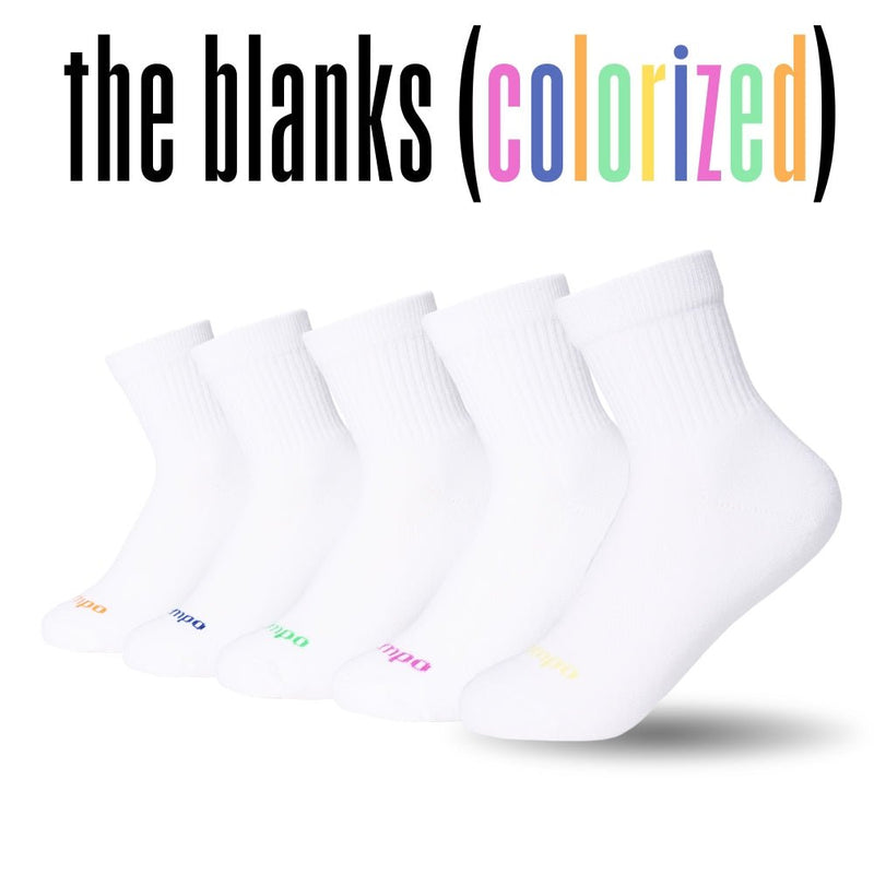 Five white Del Campo Golf socks with colorized logos in pink, blue, green, purple, and yellow. | product