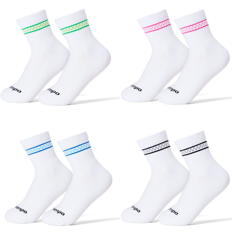 Del Campo Golf Checkered Stripe Pack with four pairs of white crew socks in green, pink, blue, and black stripes. | product