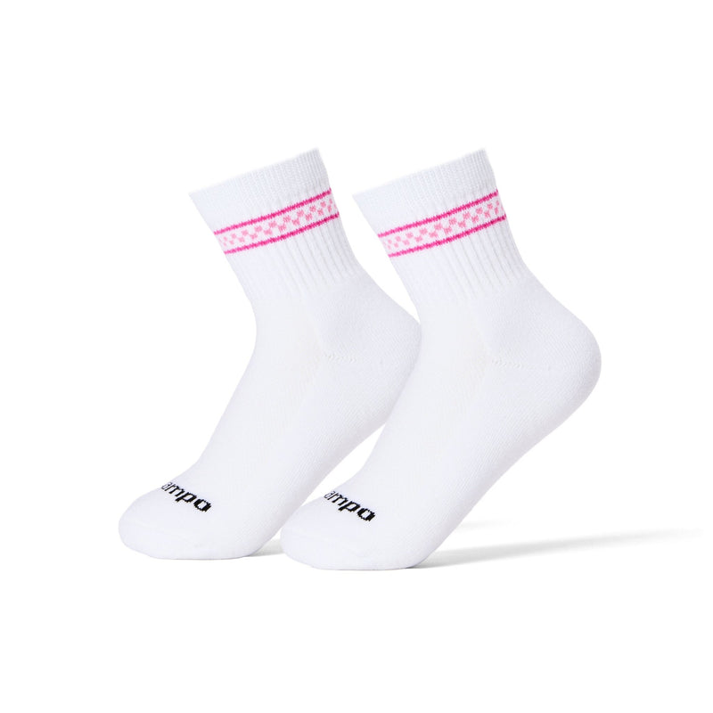 Del Campo Golf white crew socks with pink checkered stripe pattern. | product, women