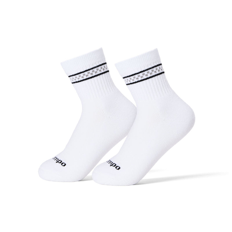 Pair of white Del Campo Golf socks with black and grey checkered stripe design on cuff. | product