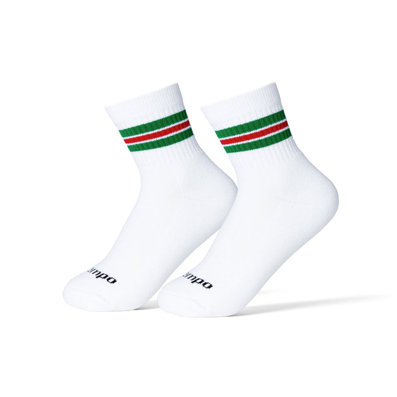 Del Campo Golf white crew socks with green and red stripes. | product