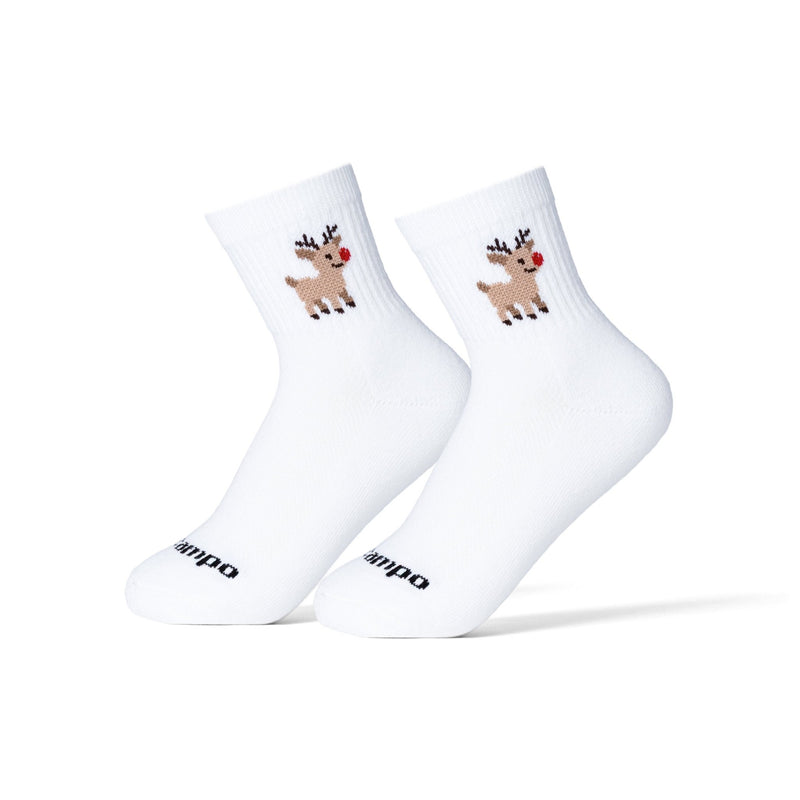 Pair of white Del Campo Golf socks with Rudolph reindeer design featuring red nose. | product