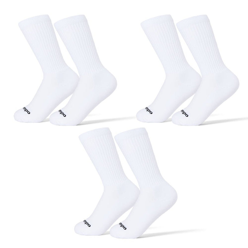 Three pairs of white ribbed crew socks with Del Campo branding on the heel, displayed on a white background. | product