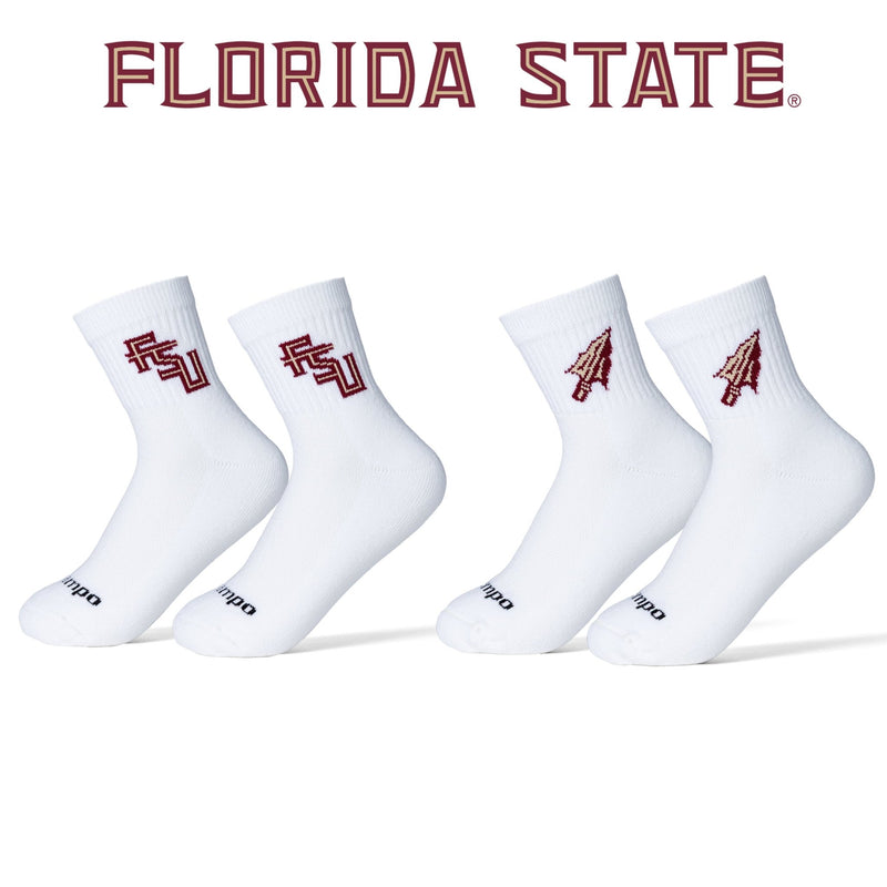 Two pairs of white Florida State Seminoles crew socks with maroon FSU logo and spear designs. | product, college