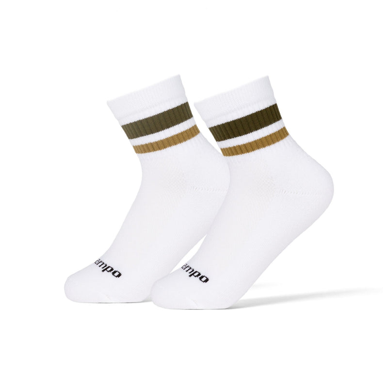 Del Campo Golf Forest Stripes socks with white base and olive and tan striped cuff. | product