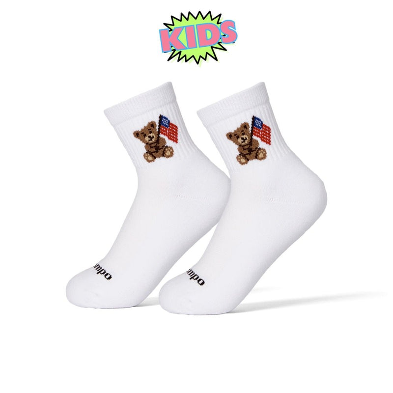 Kids American Teddy Bear socks in white with brown teddy bear and flag design | kids, product