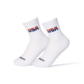 Two Tone USA white crew socks with red and blue lettering. | product