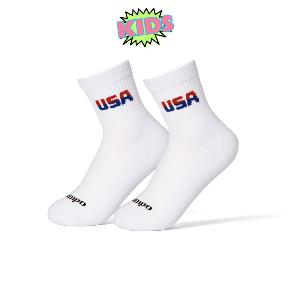 Kids Two Tone USA golf socks in white with red and blue lettering. | kids, product