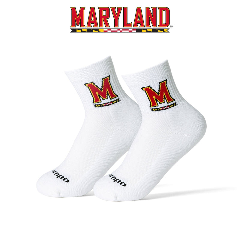 Maryland Terrapins white crew socks with red and gold M logo | product, college