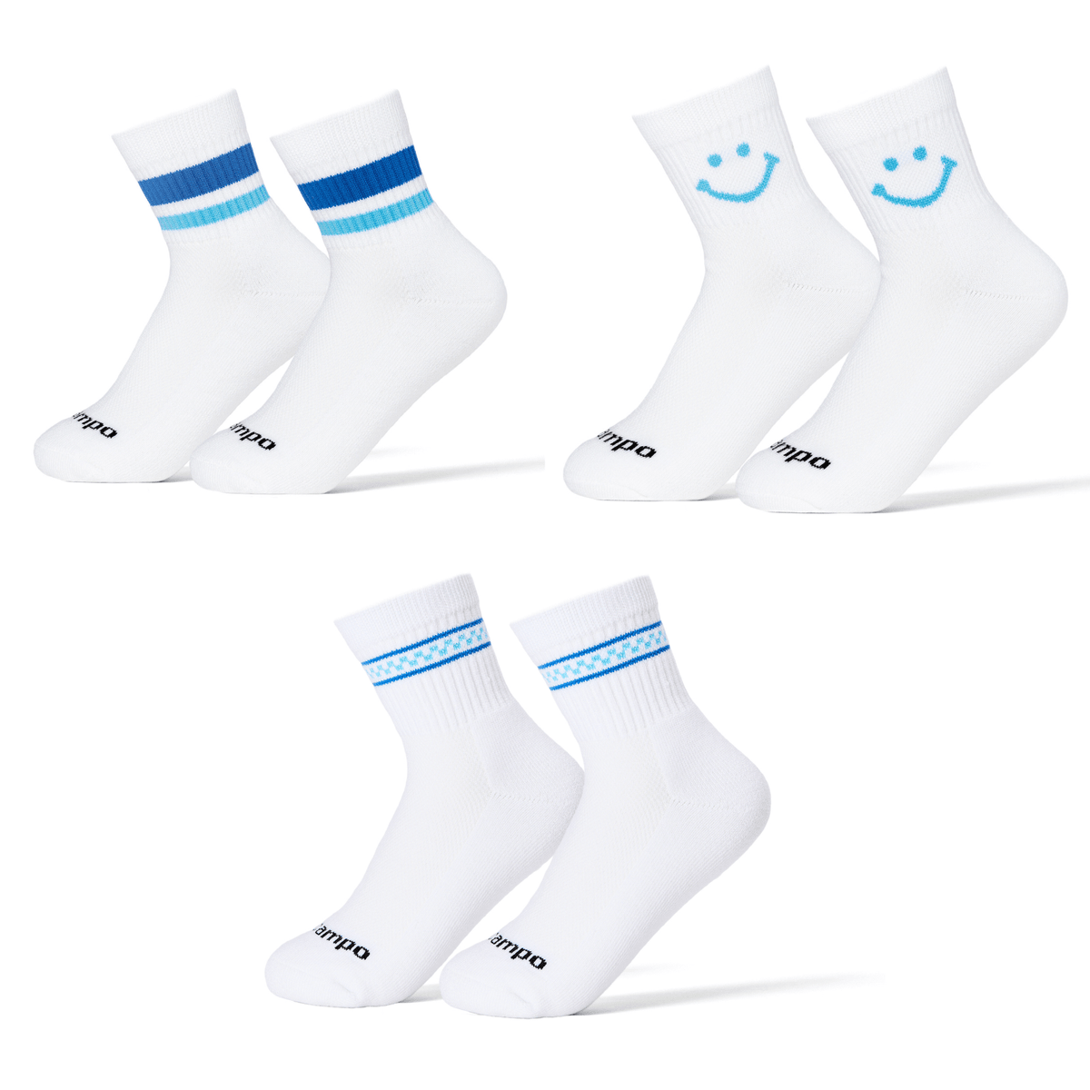 Del Campo Golf white socks with blue stripes and smiley face designs, three pairs displayed. | product